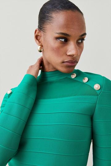Bandage Knit Military Trim And Mesh Top green