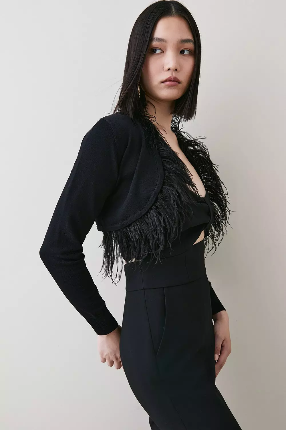 Feather Trim Knit Bolero With Mesh Sleeve Karen Millen