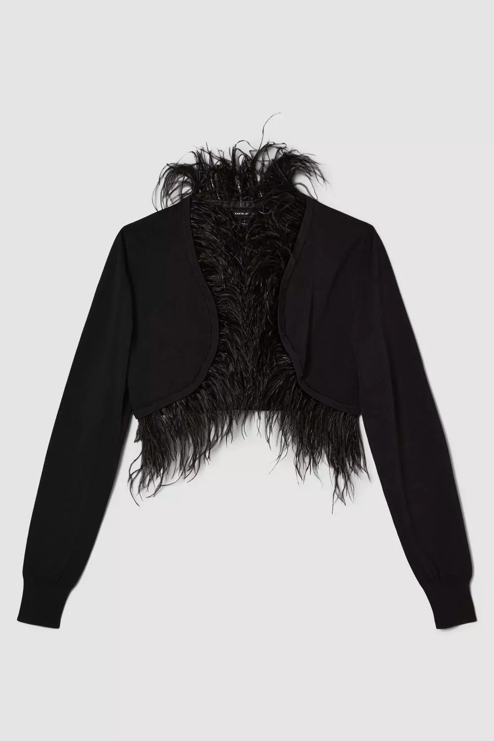 Feather Trim Knit Bolero With Mesh Sleeve