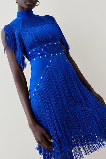 Cobalt Blue Studded Fringe Mesh Insert Bandage Mini Dress