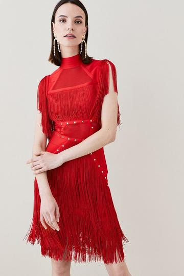 Red Studded Fringe Mesh Insert Bandage Mini Dress