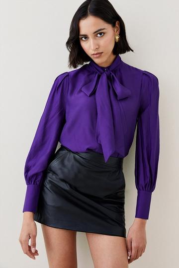 Silk Viscose Satin Pussy Bow Woven Shirt purple