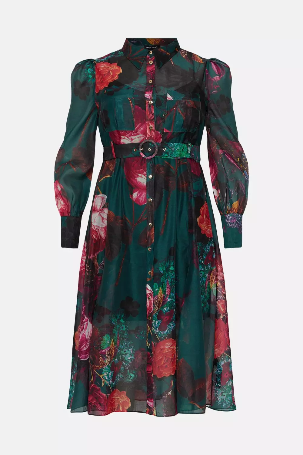Plus Emerald Green Floral Print Long Sleeve Pleated Midi Dress