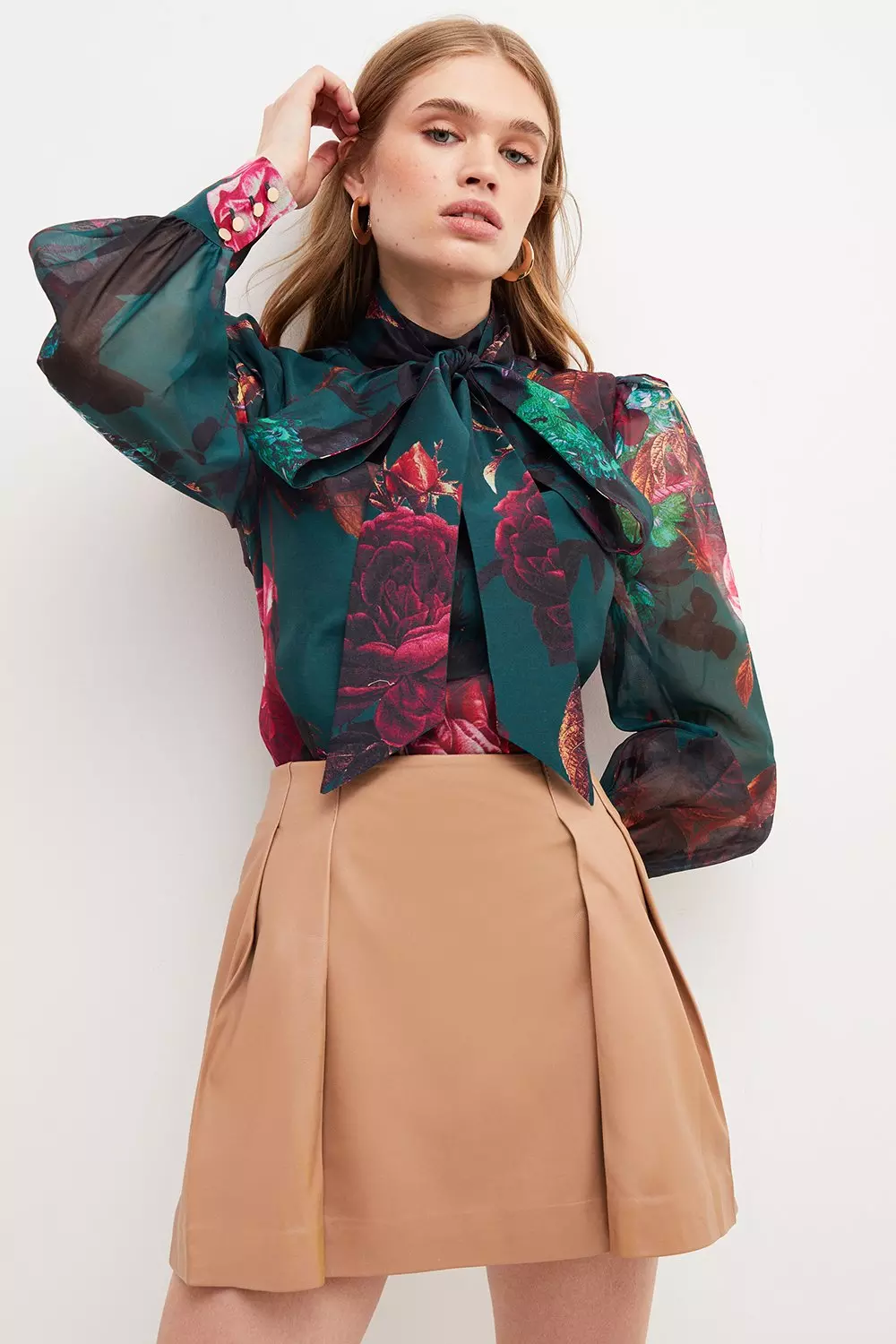 Pressed Floral Organdie Tie Neck Blouse