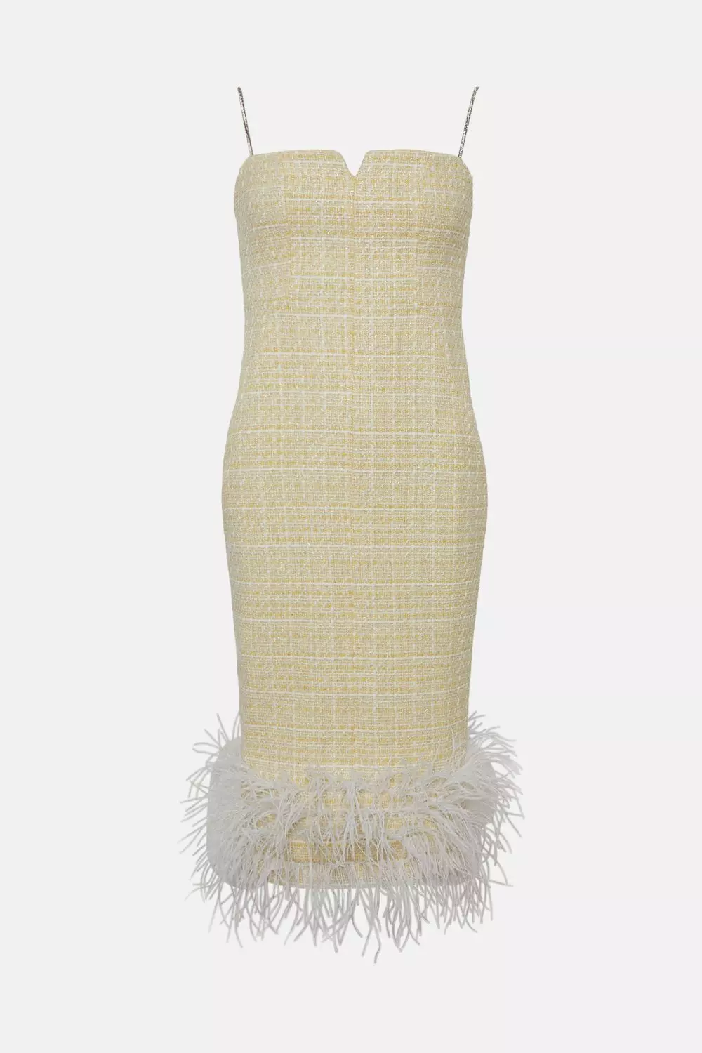 Tweed Chain Strap Feather Hem Midi Dress | Karen Millen