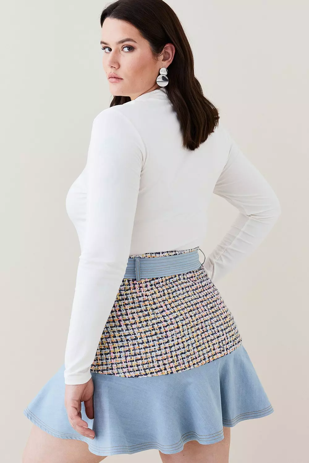 Plus Size Denim Tweed Mix Flippy Hem Skirt