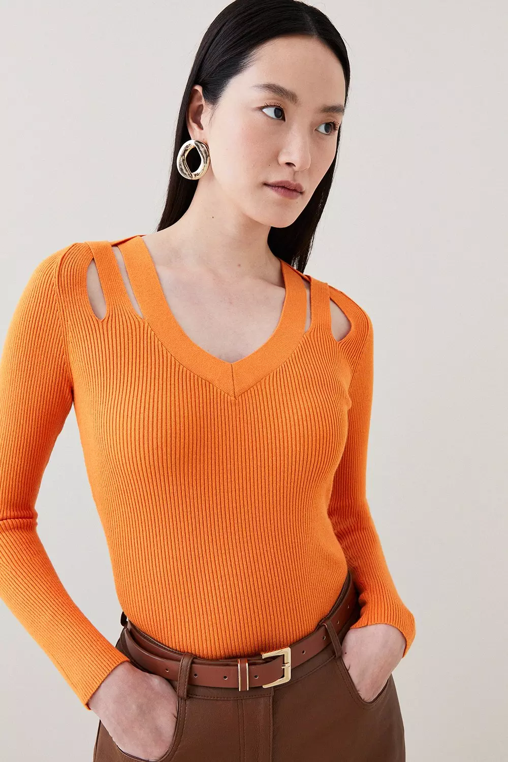 Cut Out V Neck Rib Knit Top | Karen Millen