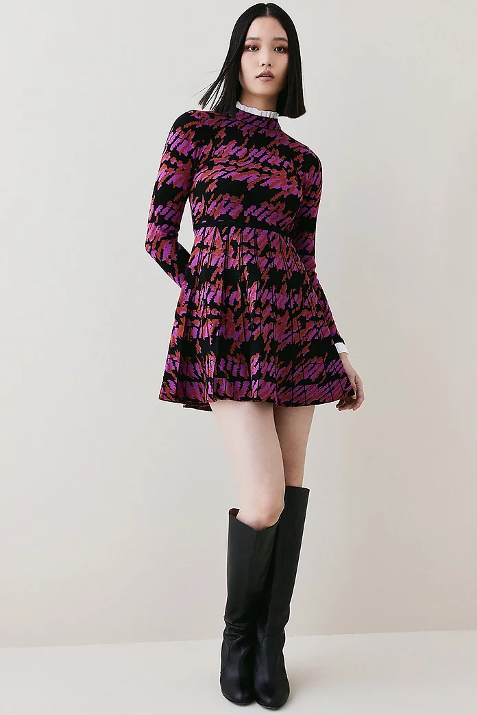Woven Collar& Cuff Jacquard Knit Skater Mini Dress