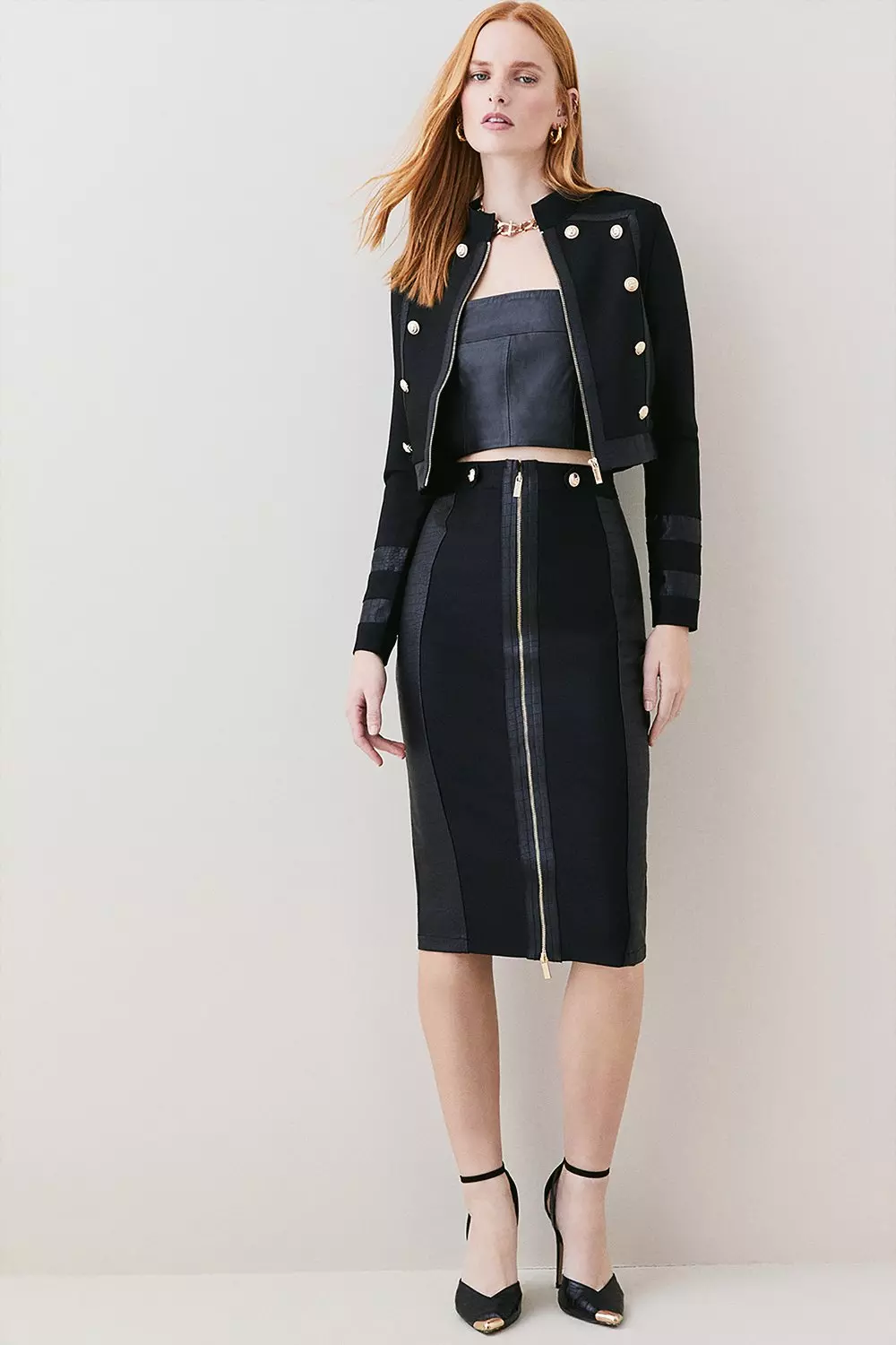 Bandage Knit And Croc Pu Military Trim Jacket | Karen Millen