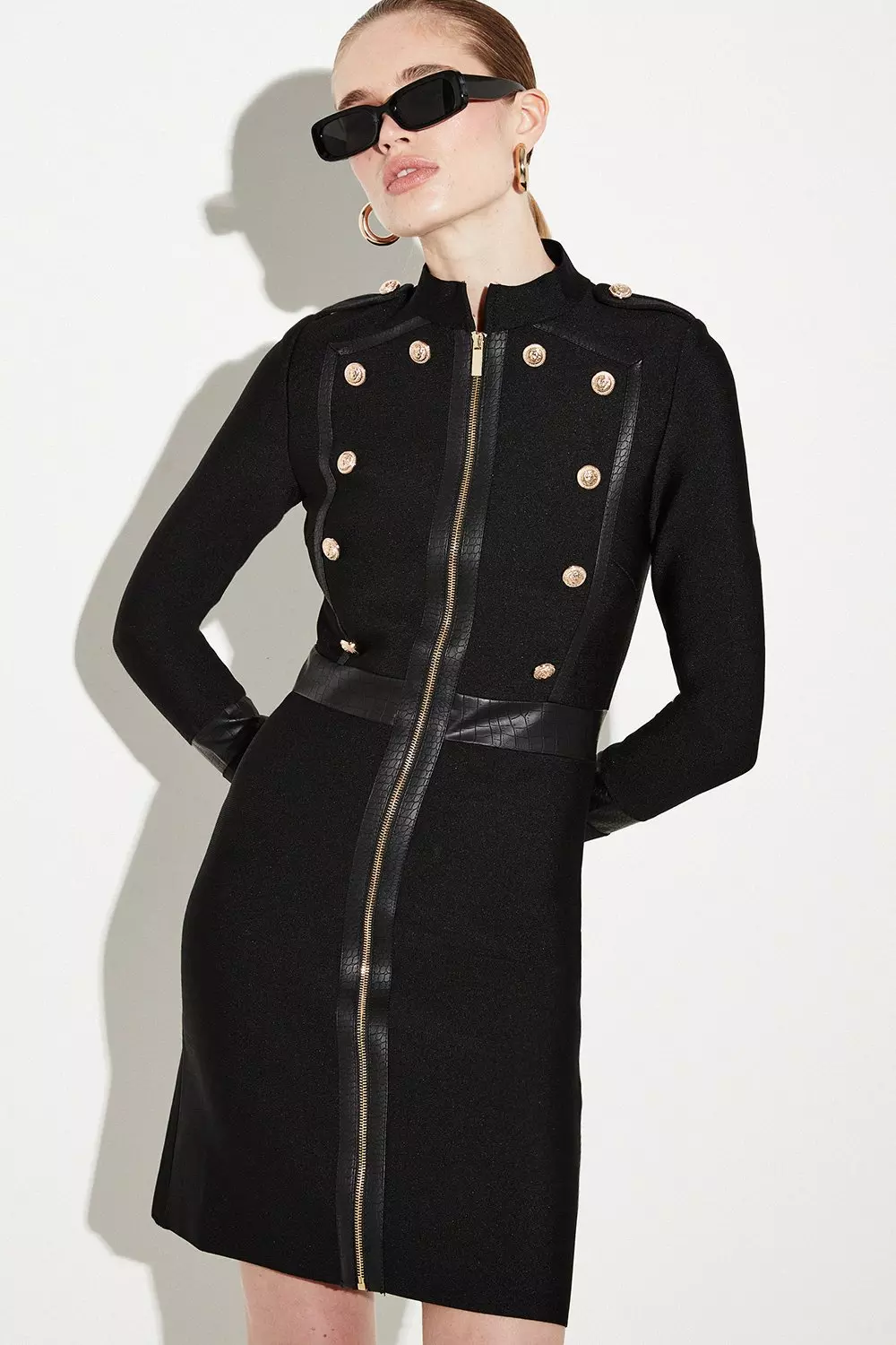 Bandage Knit And Croc Pu Military Trim Dress Karen Millen