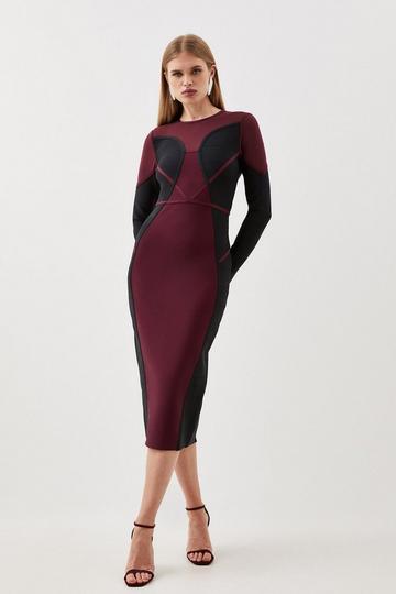 Burgundy Red Bandage Knit And Mesh Colour Block Dress
