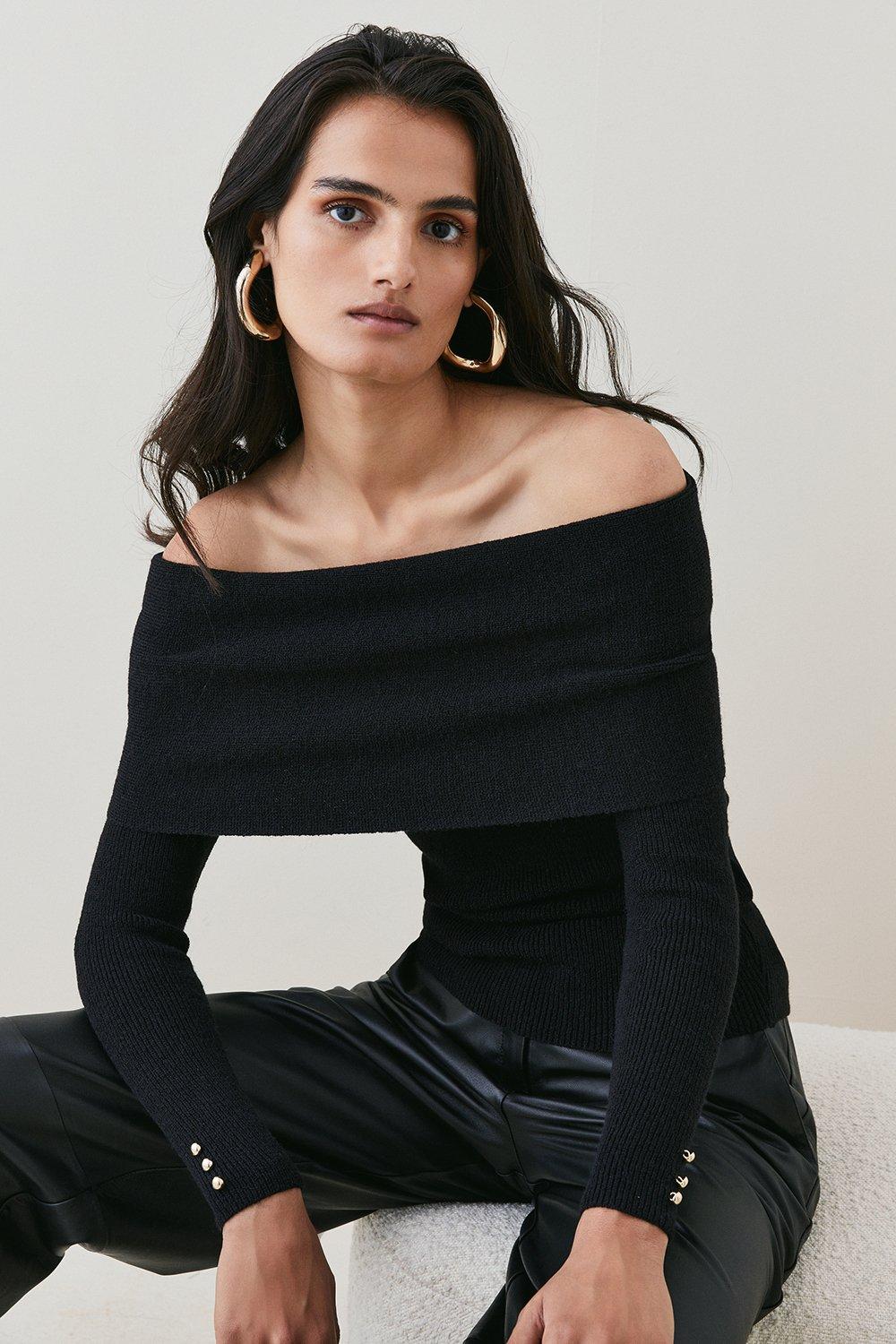 Cosy Off The Shoulder Trimmed Knit Top | Karen Millen