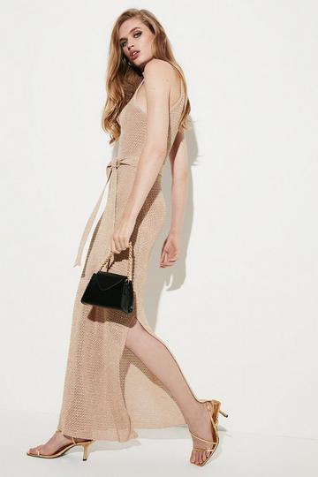 Belted Open Stitch Luxe Shimmer Knit Maxi Dress natural