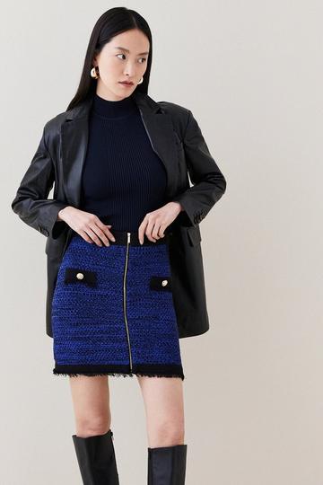 Tweed Knitted Fringe Zip Mini Skirt cobalt