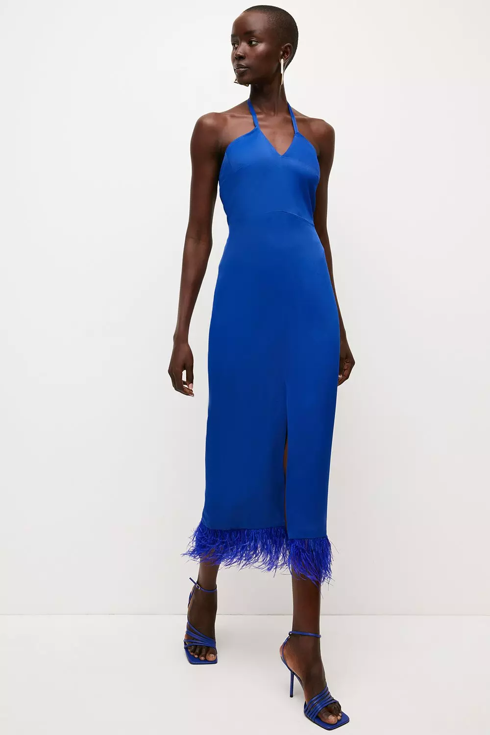 Satin Back Crepe Feather Halter Maxi Dress