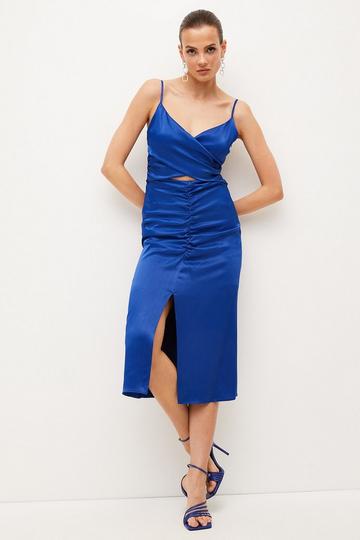Cobalt Blue Viscose Satin Back Crepe Cut Out Maxi Dress