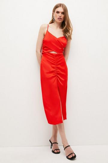 Red Viscose Satin Back Crepe Cut Out Maxi Dress