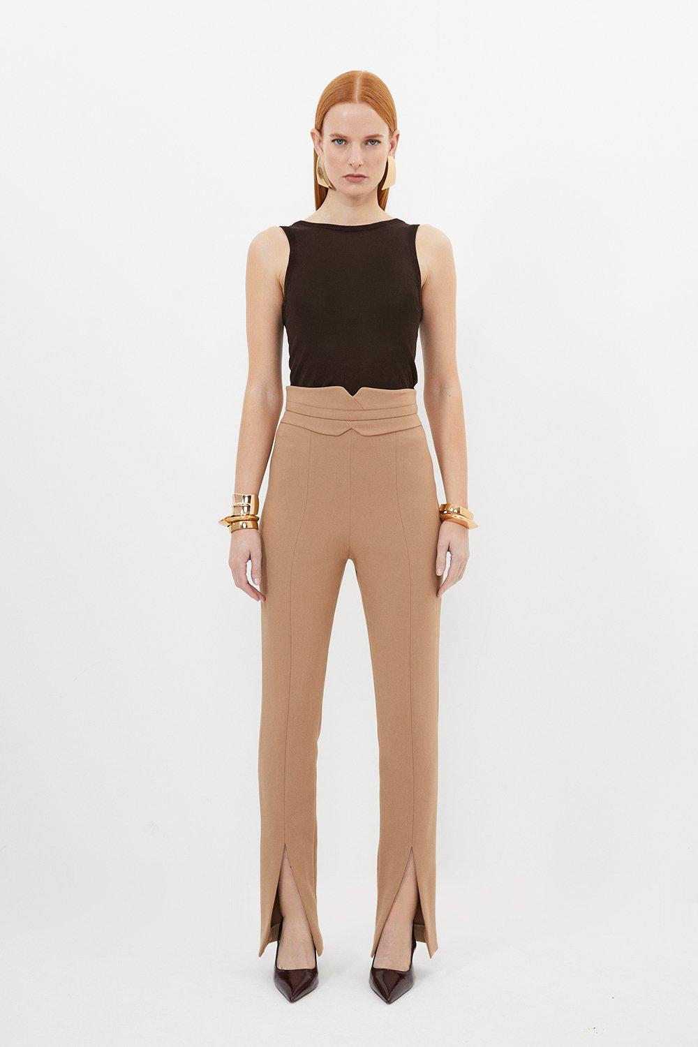 Compact Stretch Tailored High Rise Split Hem Trouser - Camel