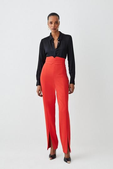 Red Compact Stretch Tailored High Rise Split Hem Trouser