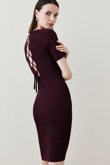 Lace Back Rib Knit Midi Dress burgundy