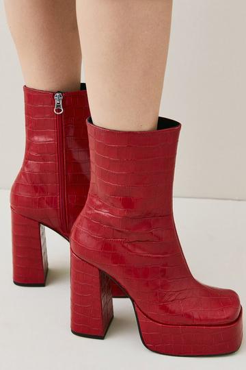 Leather Red Croc Platform Boot red