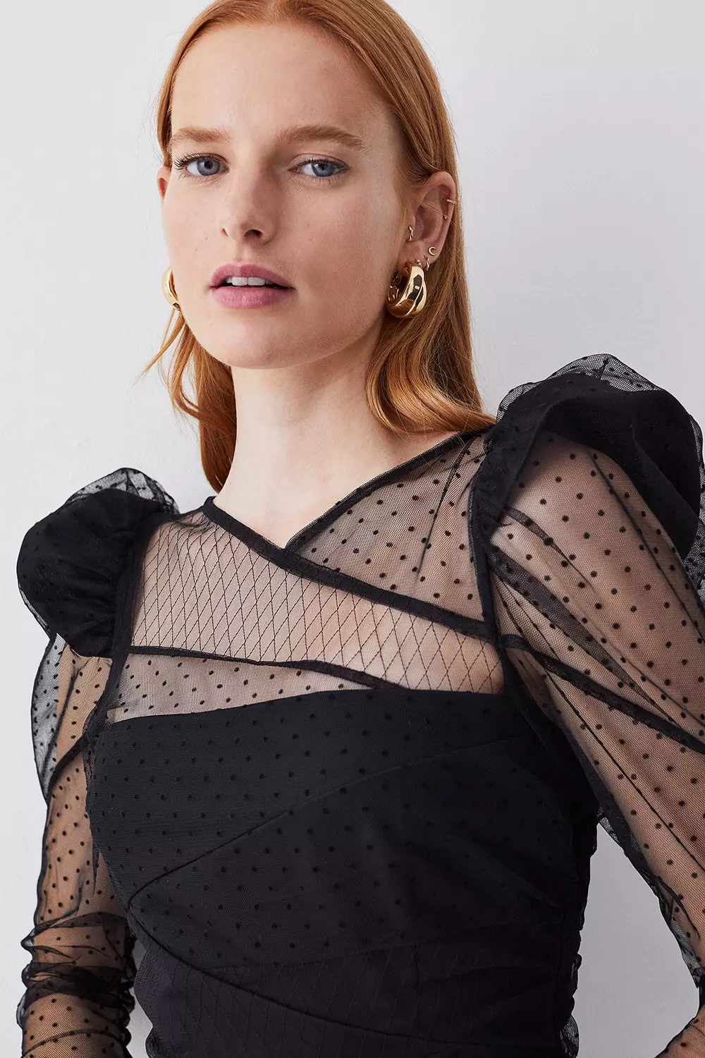 Mixed Mesh Spot Tulle Collared Jersey Blouse