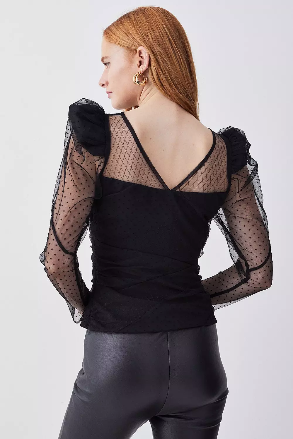 Mixed Mesh Spot Tulle Collared Jersey Blouse