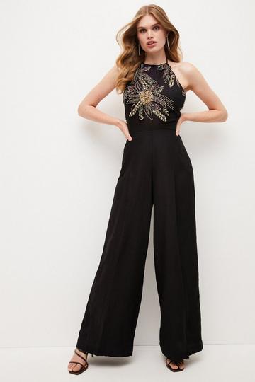 Crystal Embellished Linen Twill Jumpsuit black