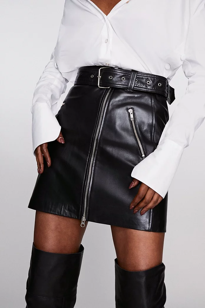 Leather Biker Zip Front Belted Mini Skirt