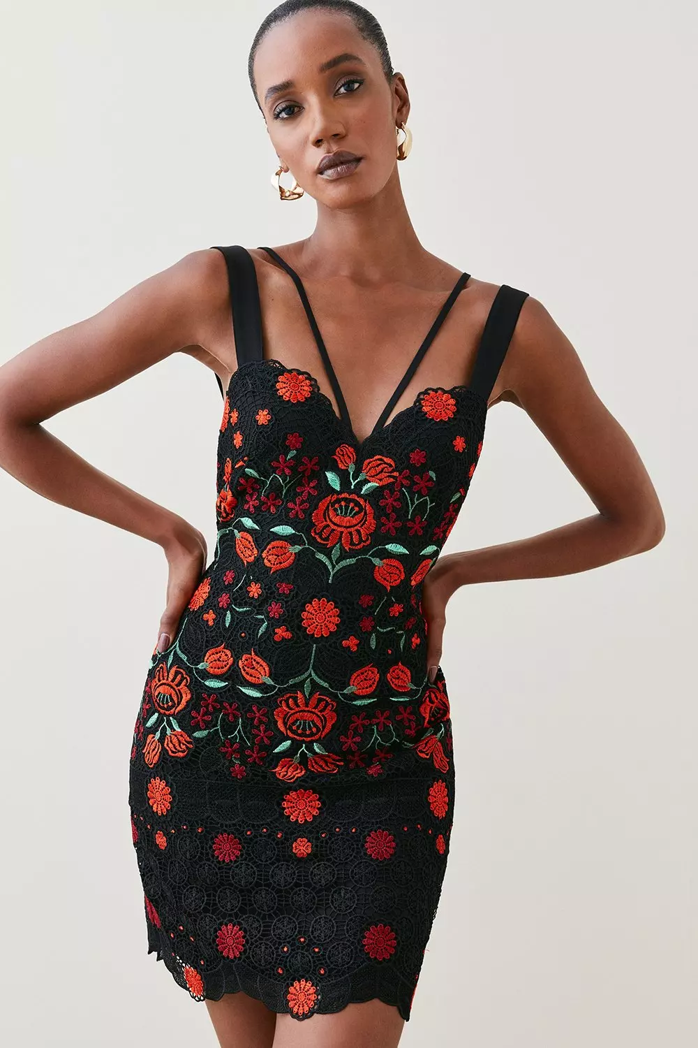 rose embroidered bodycon dress