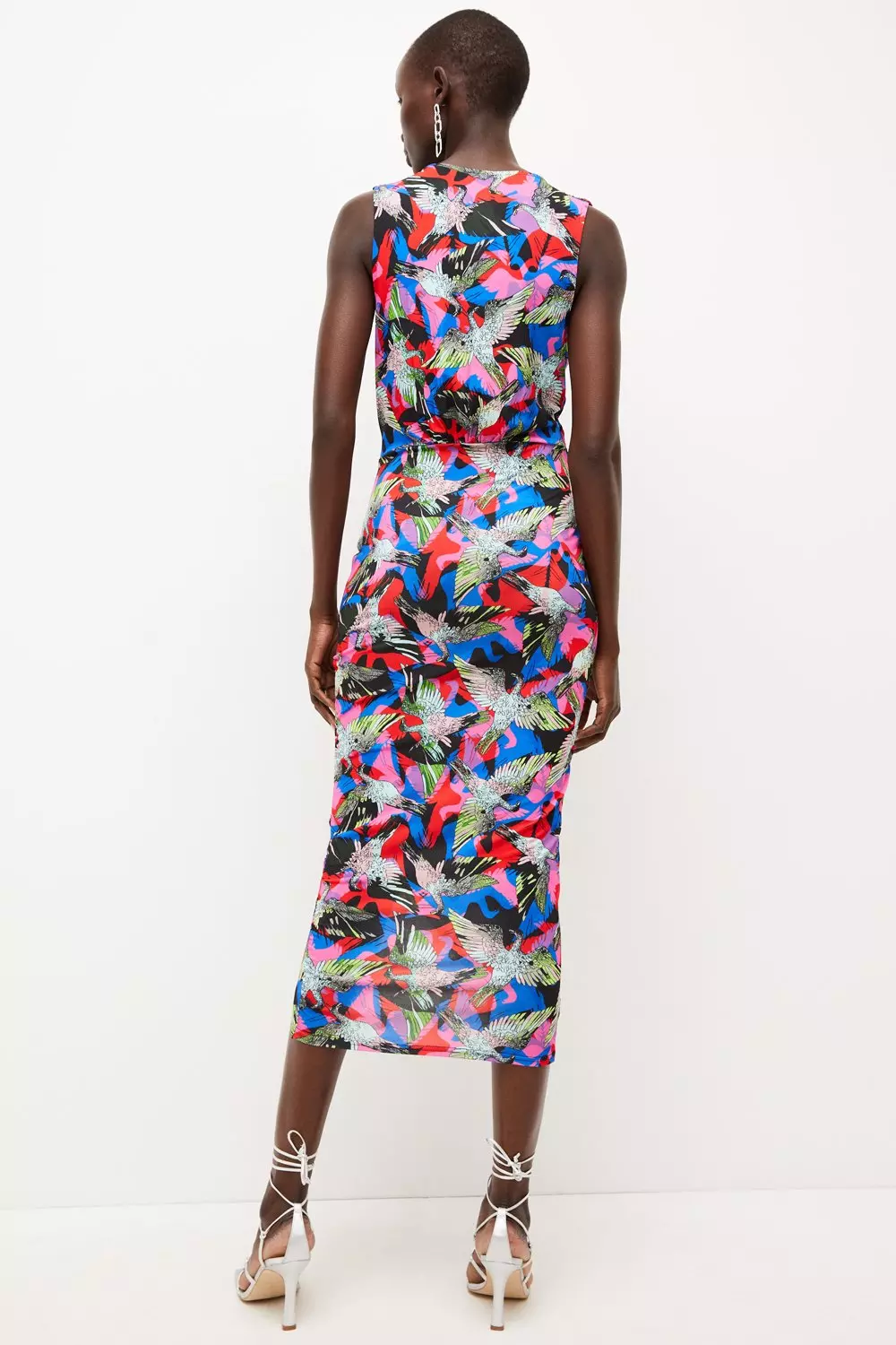 Bird Print Ruched Jersey Wrap Midi Dress | Karen Millen