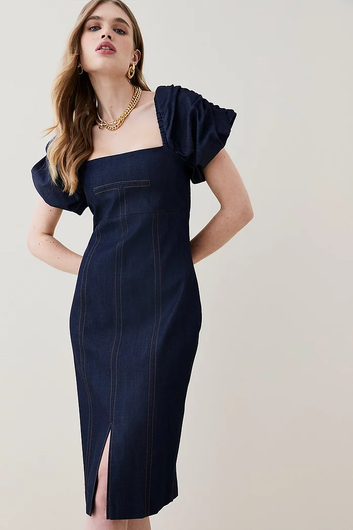Tailored Denim Puff Sleeve Pencil Midi Dress | Karen Millen