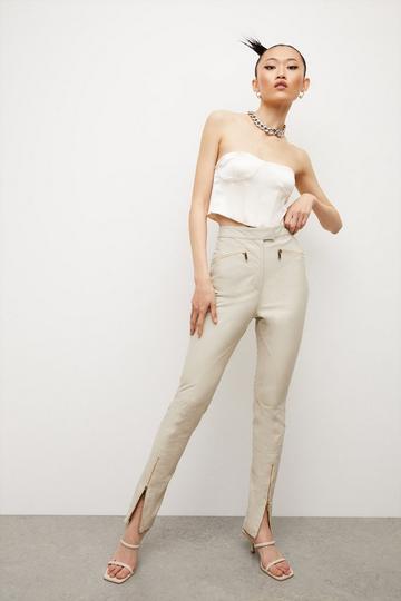 Leather Moto Zip Detail Leather Trouser stone