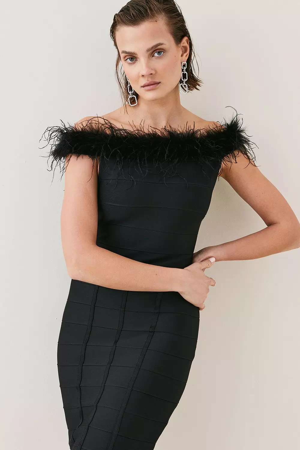 Bandage Feather Off The Shoulder Knit Mini Dress | Karen Millen