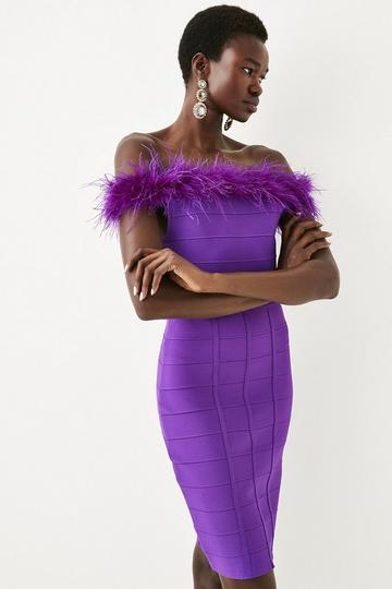 Purple Bandage Feather Bardot Knit Mini Dress