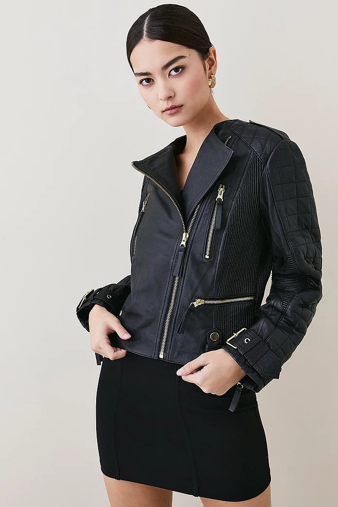 Uitbreiding Lieve mini Petite Leather Quilted Buckle Moto Jacket | Karen Millen