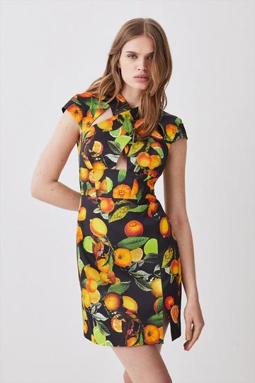 Black Italian Signature Citrus Print Cross Front Mini Dress