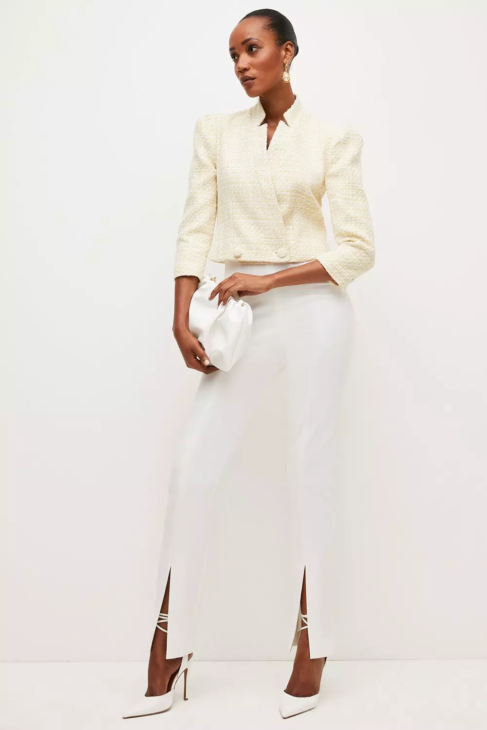 KAREN MILLEN Wool Blend Loopy Textured Knit Jacket in Ivory