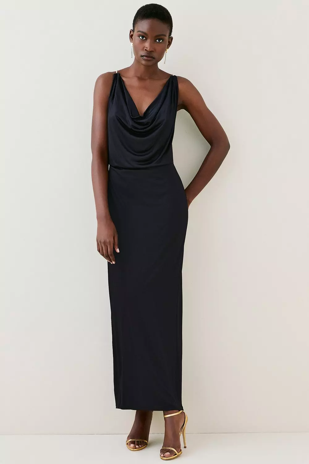 Black Satin Cowl Neck Draped Maxi Dress