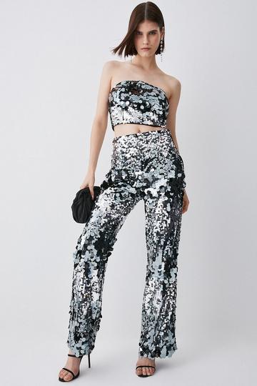 Disc Sequin Skinny Flared Woven Trouser silver