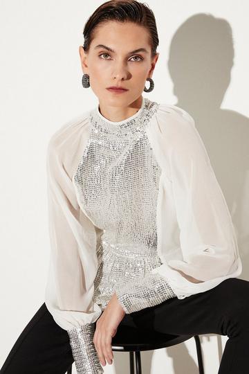 Sequin Panelled Georgette Blouse ivory