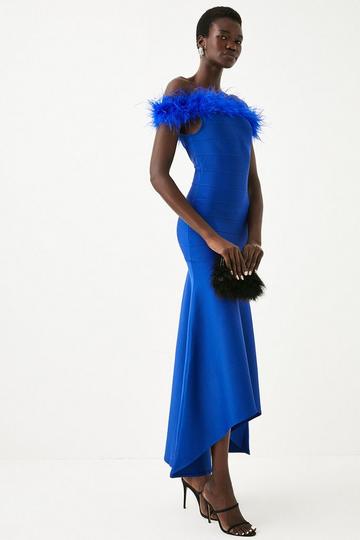Cobalt Blue Feather Detail Bandage Bardot Maxi Dress