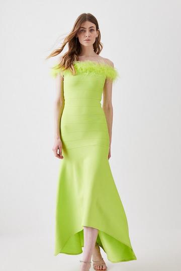 Feather Detail Bandage Off The Shoulder Maxi Dress lime