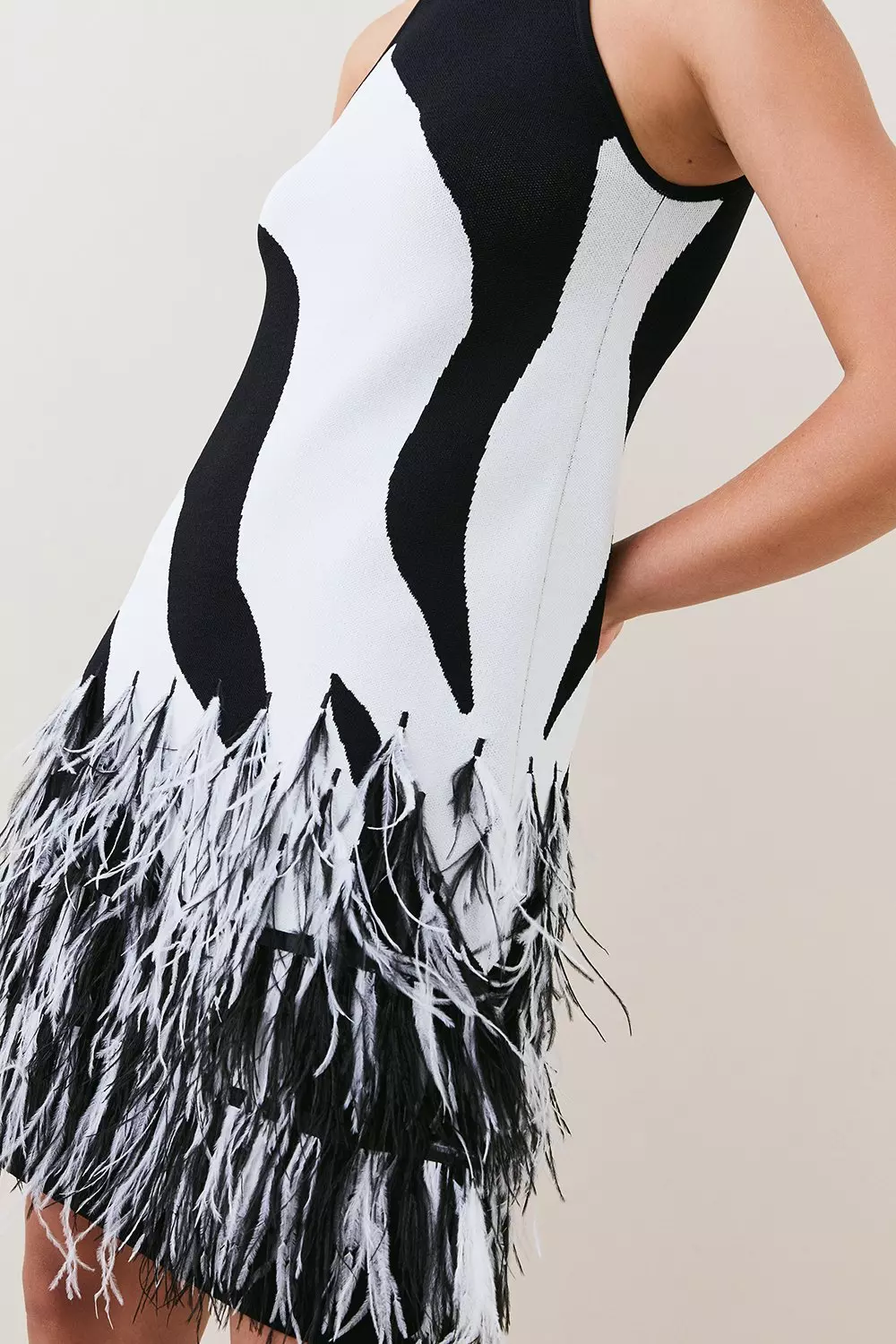 Feather Hem Mono Print Knit Mini Dress Karen Millen