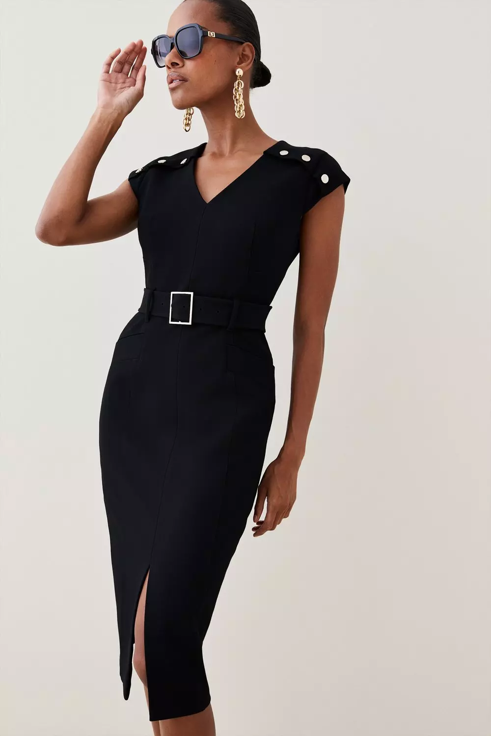 Tailored Structured Crepe Forever Pleat Belted Midi Dress