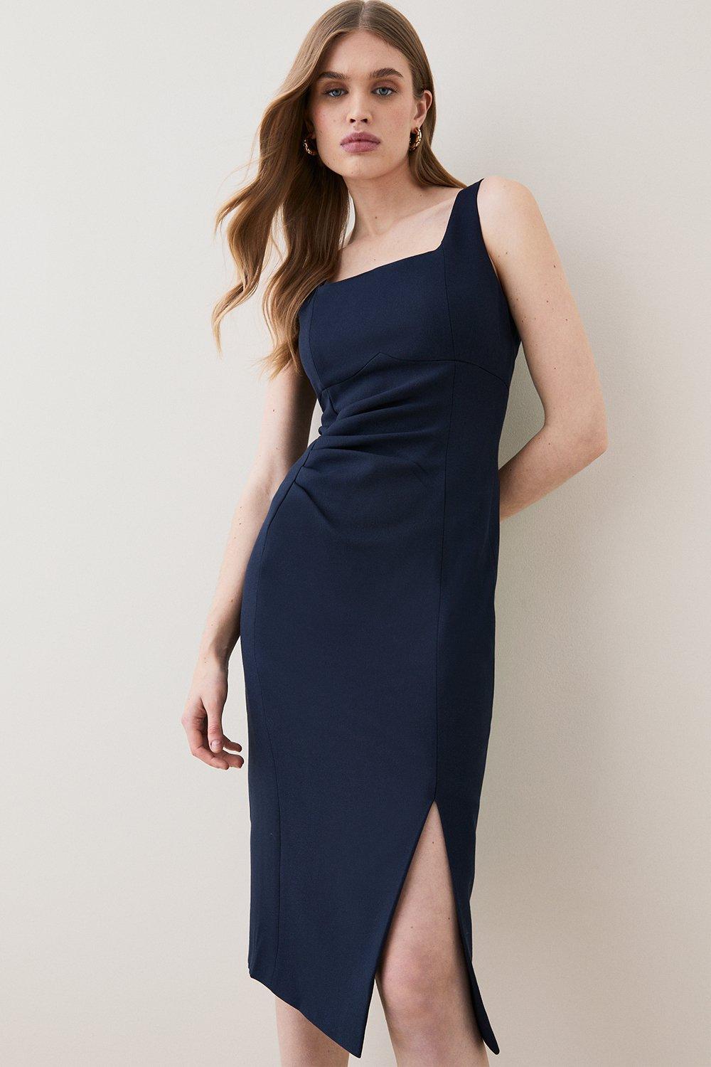 Structured Crepe Strap Midi Tailored Dress | Karen Millen