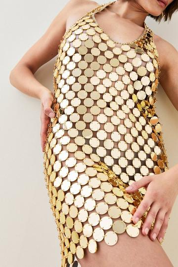 Gold Metallic Mirrored Disc Chain Halter Mini Dress