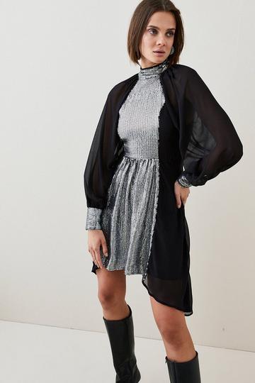 Sequin Panelled Georgette Woven Mini Dress black