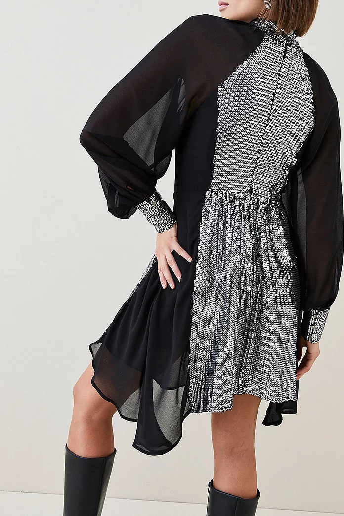Sequin Panelled Georgette Woven Mini Dress | Karen Millen