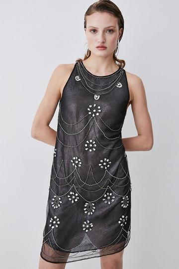 Black Crystal Embellished Metallic Sheer Mini Dress